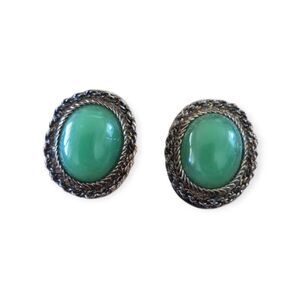 Vintage Art Deco  Sterling Silver Jade Filigree Pierced Earrings Cabochon Jade